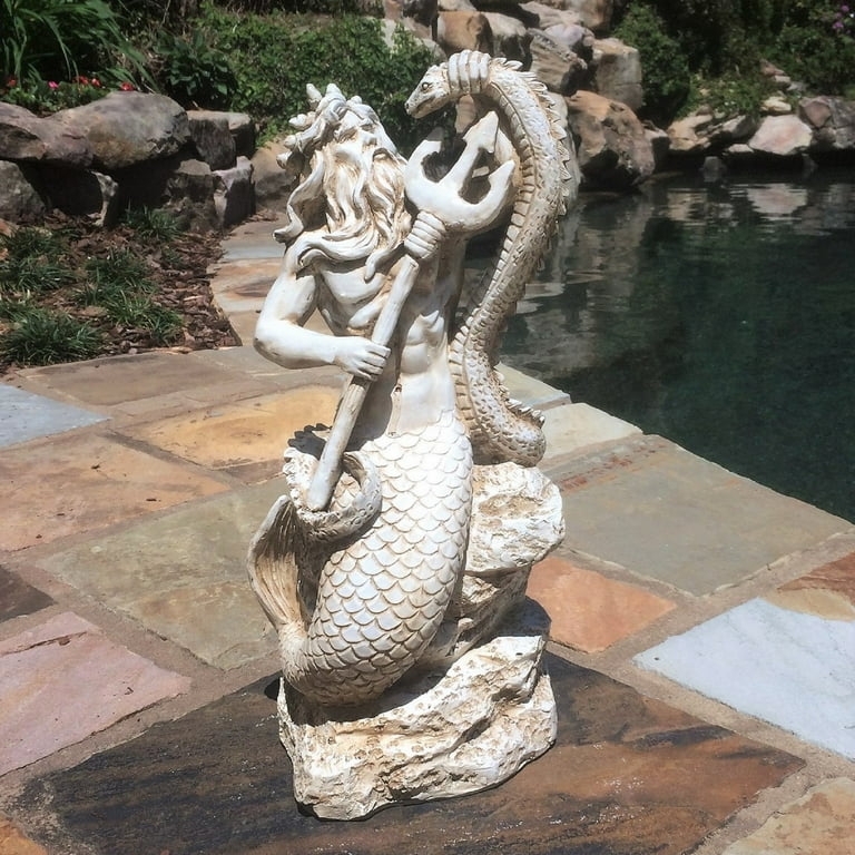 Figurine Merman Distressed Whitewash Trident Coastal Decor