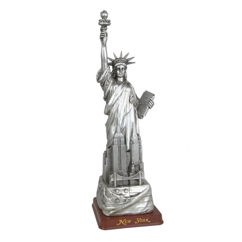 Figurine Metallic Statue of Liberty Replica with Torch on Tiered Base