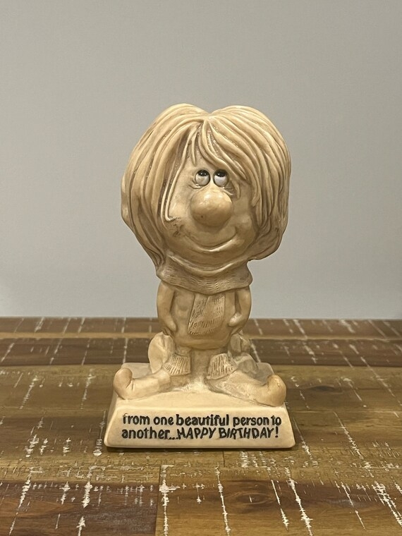 Figurine Monochromatic Beige Birthday Inscription 1970s Vintage