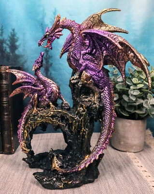 Figurine Mother and Baby Dragon Metallic Purple Scales Fantasy Decor