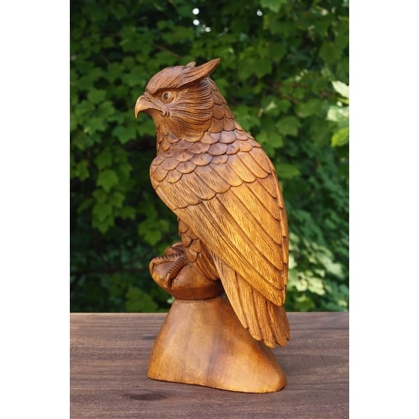 Figurine Rustic Wood Owl Feather Pattern Hand Carved Matte