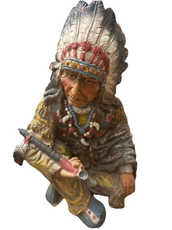 Figurine Seated Cross-Legged Ceremonial Pipe Feathered War Bonnet