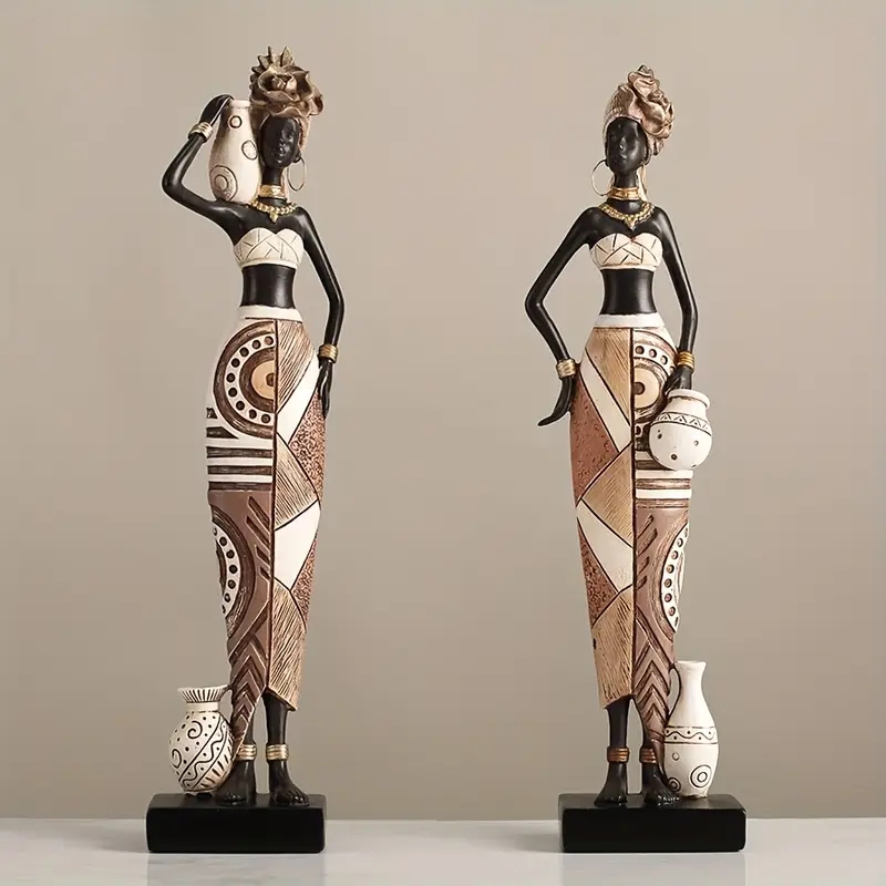 Figurine Set African Tribal Elongated Form Hand Painted Geometric