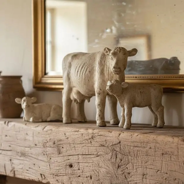 Figurine Set Bovine Family Spotted Pattern Rustic Farmhouse Cow Decor