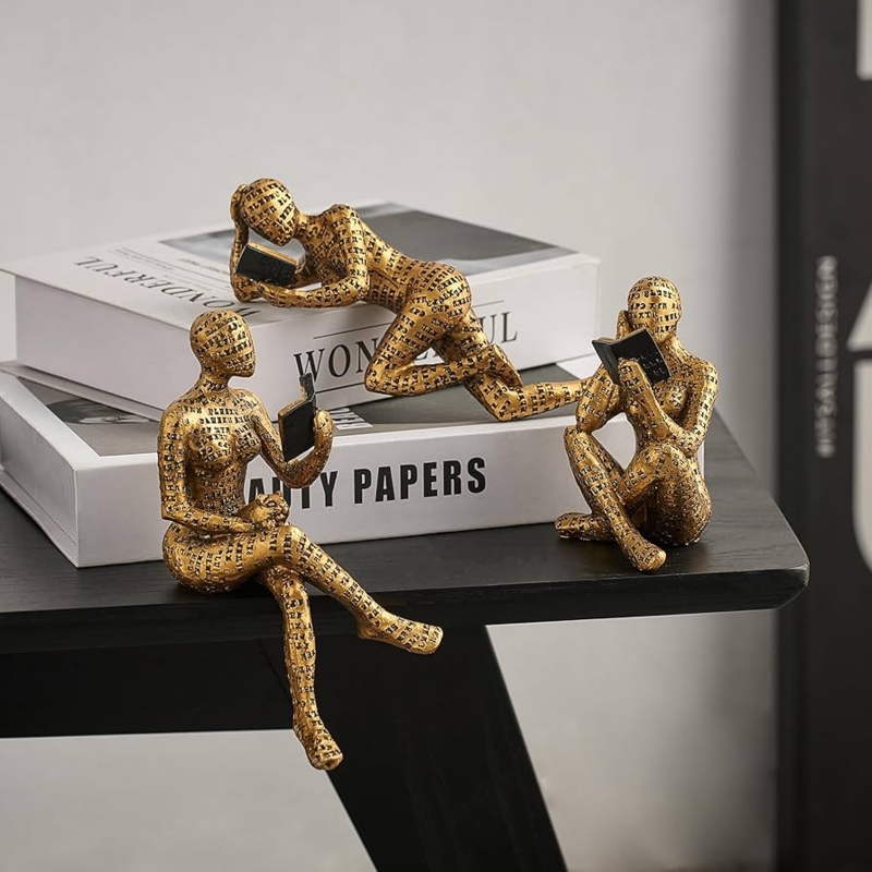Figurine Set of 3 Polished Gold Abstract Reading Women