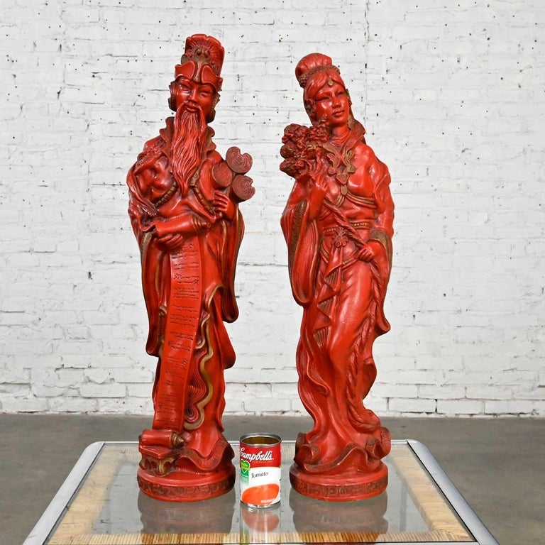 Figurine Set Pair in Chinoiserie Style, Faux Cinnabar Intricate Carving