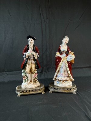 Figurine Set Victorian Couple Cobalt Blue White Ornate Metal Base