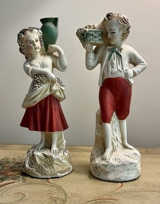Figurine Set Vintage Chalkware Peasant Boy Girl Muted Hand Painted