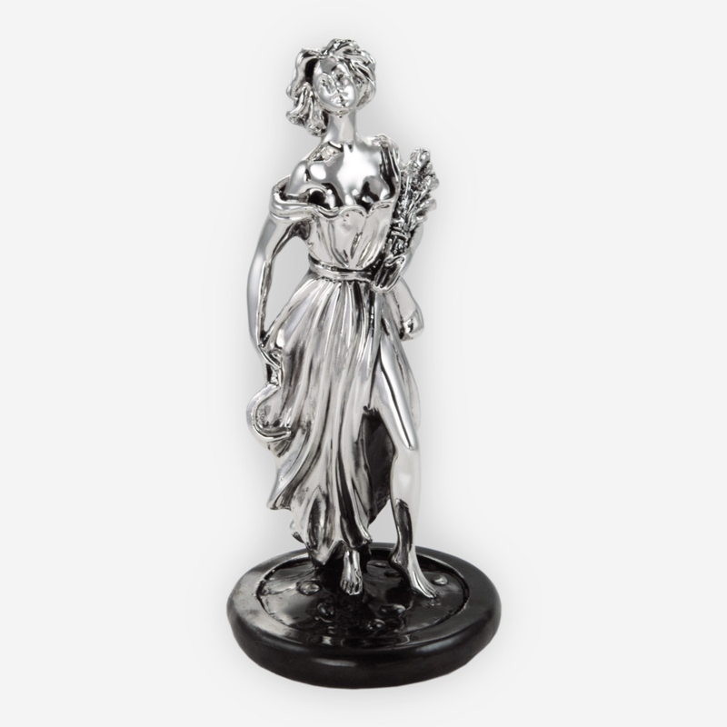Figurine Stylized Silver Woman Holding Bouquet on Circular Base
