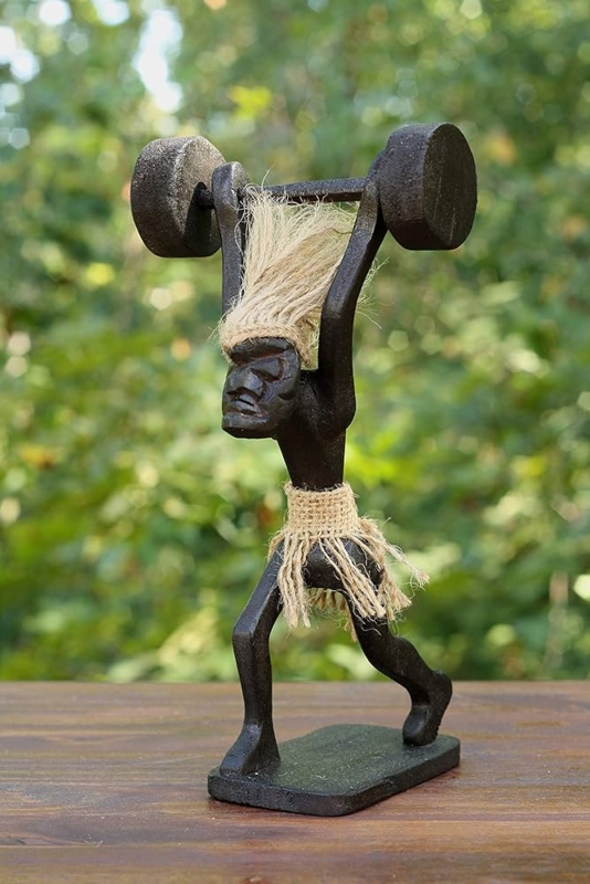 Figurine Tribal Wood Weightlifting Subject Hand Carved Polished