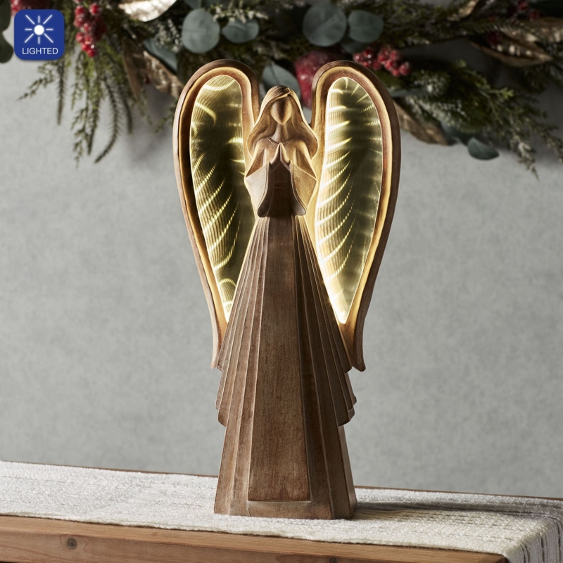 Figurine Weathered Angel with Praying Hands Integrated Lighting Decor