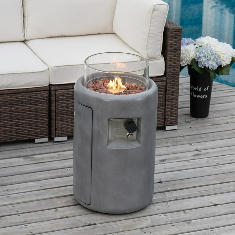 Fire Pit 16 Inch Round Grey Concrete Glass Wind Guard Compact Stone