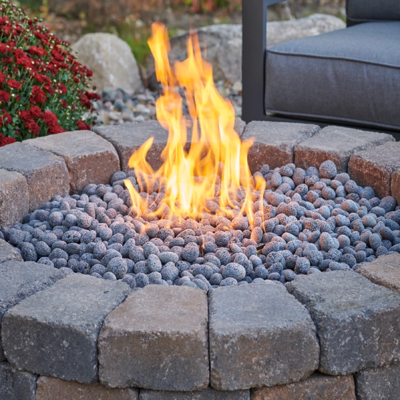 Fire Pit Blue Fire Glass Stacked Stone Base Modern Rustic