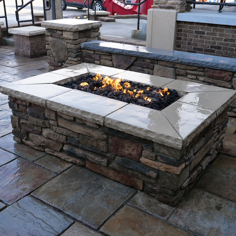 Fire Pit Built-In Stone with Blue Fire Glass, Backyard Patio Design