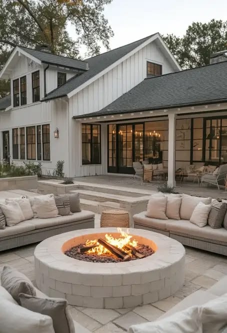 Fire Pit Gravel Patio Base, Black Adirondack Seating, String Lights