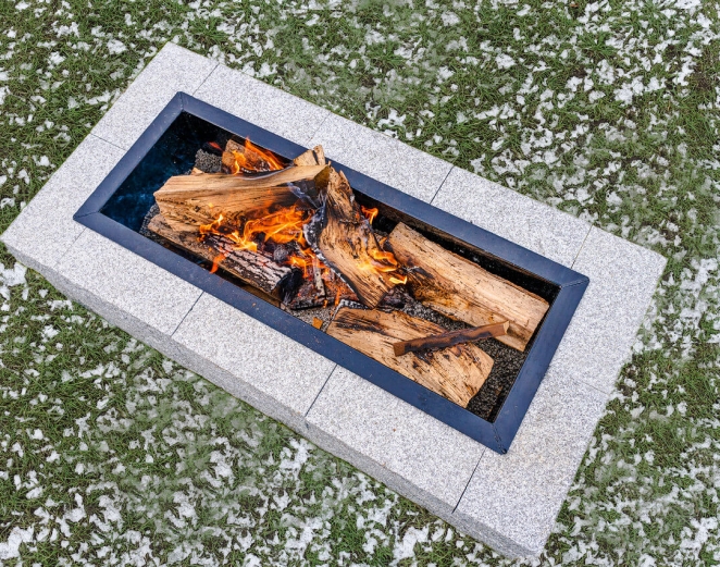 Fire Pit Linear Form with Natural Stone Blocks, Low Profile Design