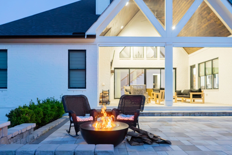 Fire Pit Modern Spherical Bowl Pebble Patio Layout Adirondack Chairs