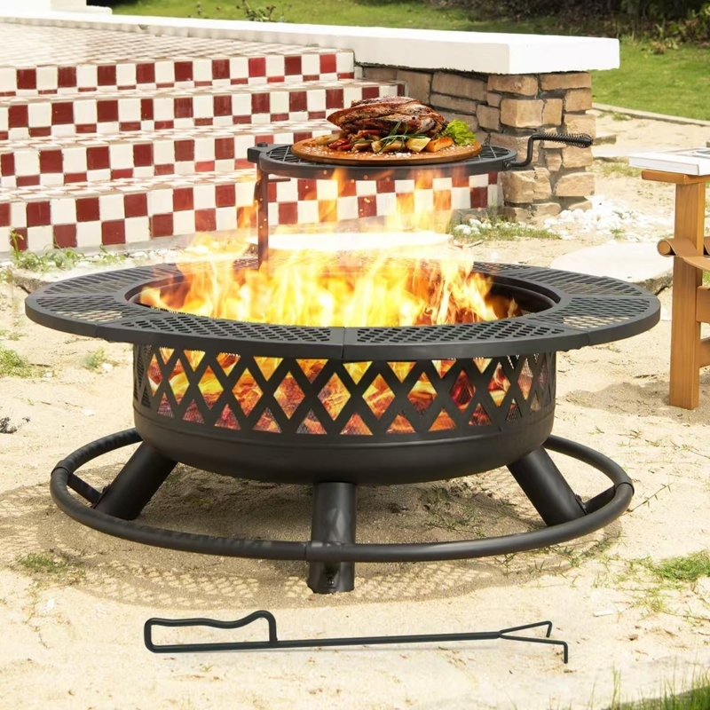 Fire Pit Round Metal with Integrated Grill Grate and Wide Rim