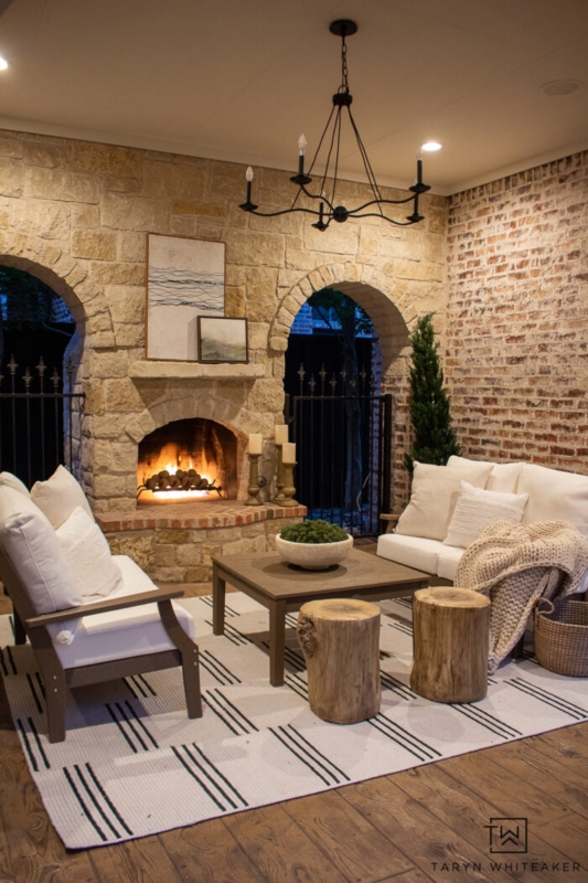 Fire Pit Seating Arched Masonry Fireplace Black Adirondack Grouping