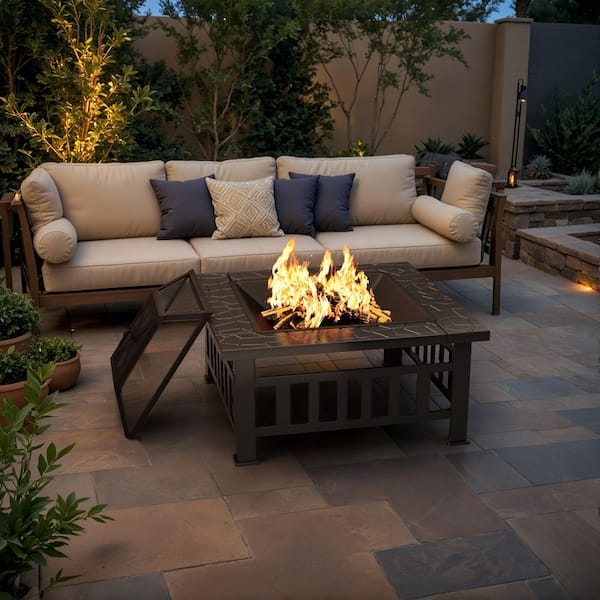 Fire Pit Square Metal with Lattice Pattern Rim and Screen