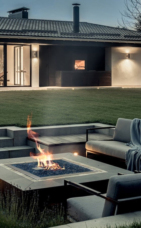 Fire Pit Square Minimalist Design in Sunken Patio Setting.