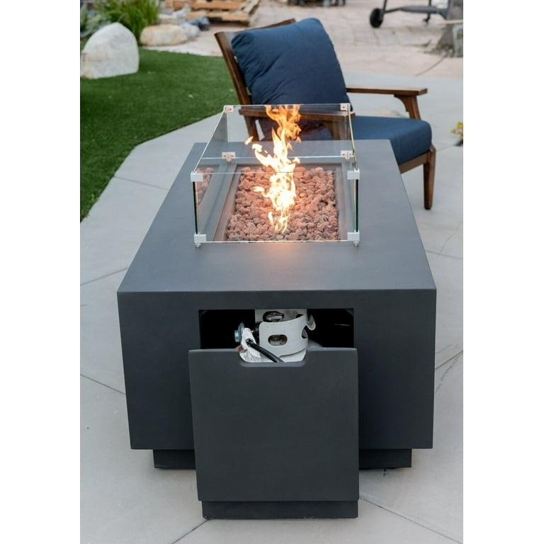 Fire Pit Table 66 Inch Length Integrated Tank Drawer Glass Wind Guard