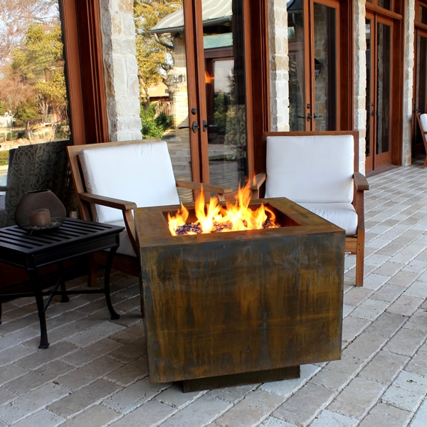 Fire Pit Table Cube Form Weathered Steel Finish Industrial
