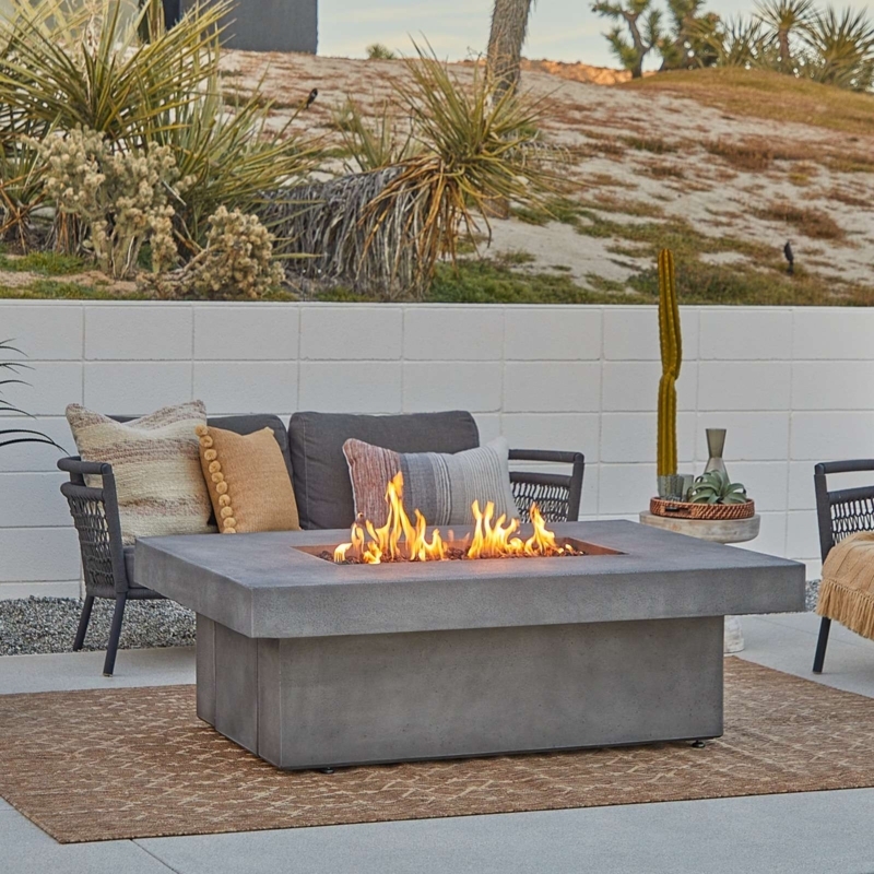 Fire Pit Table Elongated Rectangular Linear Flame Gray Stone Look