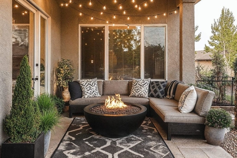 Fire Pit Table on an Urban Balcony with Slatted Privacy Wall