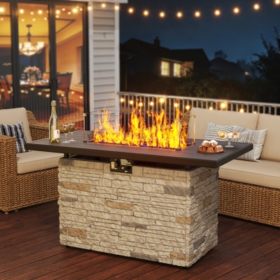 Fire Pit Table Propane with Glass Wind Guard and Woven Base