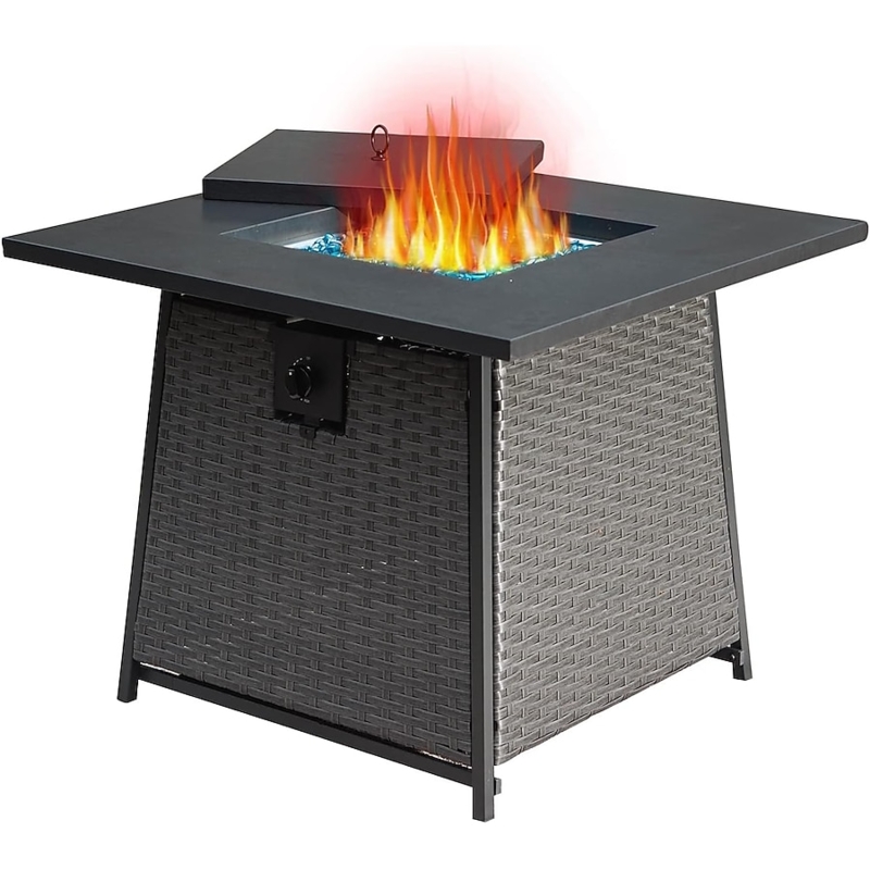 Fire Pit Table Rectangular Form Dark Gray Glass Fire Beads Propane