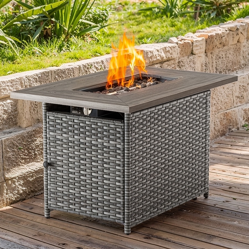 Fire Pit Table Rectangular Gray Metal with Slatted Base for Modern Patio
