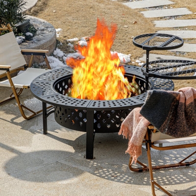 Fire Pit Table Round Wood Look Plank Top Rustic Metal Base
