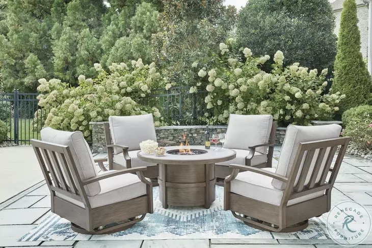 Fire Pit Table Set Swivel Base Glass Wind Guard Tiled Top