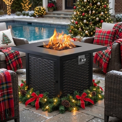 Fire Pit Table Square Charcoal Gray Matte Finish with Glass Wind Guard