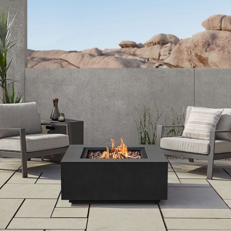 Fire Pit Table Square Matte Black Wide Ledge Propane Styling