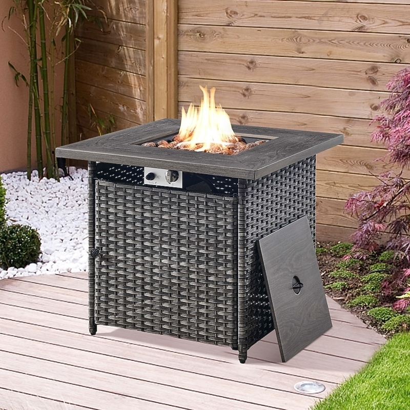 Fire Pit Table Square Propane with Blue Glass Media and Slat Sided Base