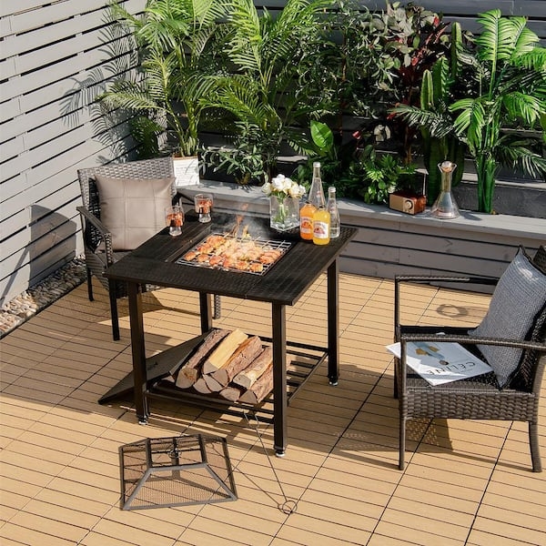 Fire Pit Table Square Tiled Ledge Metal Wood Burning Patio