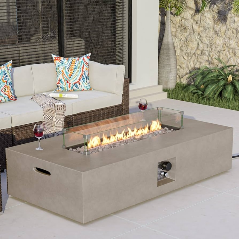 Fire Pit Table with Integrated Wind Shield, Concrete-Like Finish Patio
