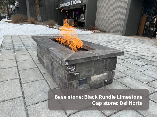 Fire Pit with Linear Silhouette, Stacked Stone Base & Blue Glass