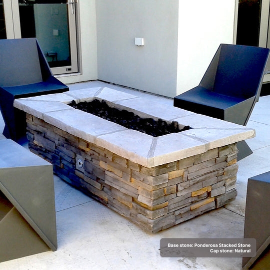 Fire Pit with Rustic Stone Veneer Base & Teal Glass Media, Custom Gas