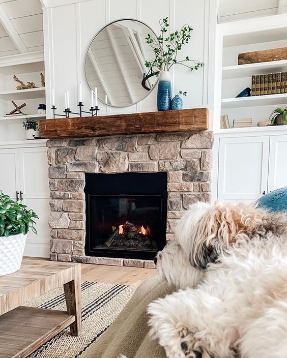 Fireplace Light Blue Shiplap Wall, White Wood Mantel, Crown Molding