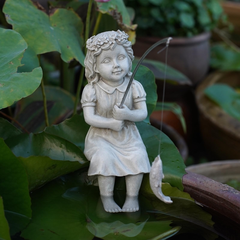 Fishing Girl Garden Statue with Glow in the Dark Pebbles