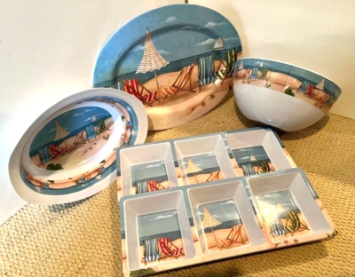 Five-Piece Melamine Serving Bowl Set with Starfish & Coral Motifs