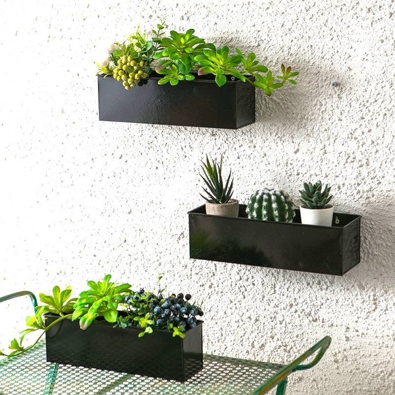 Floating Wall Planter Set, Matte Black Metal, Rectangular, Minimalist