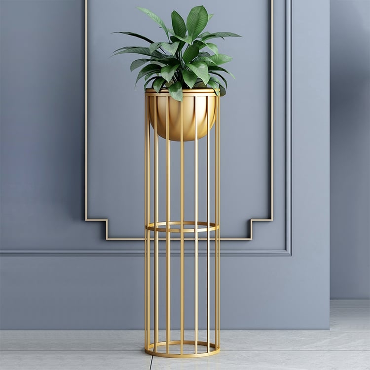 Floor Planter Polished Gold Cylinder with Integrated Stand