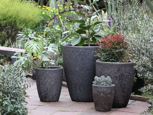 Floor Planter Set Conical Silhouette Textured Rock Like Surface Grey