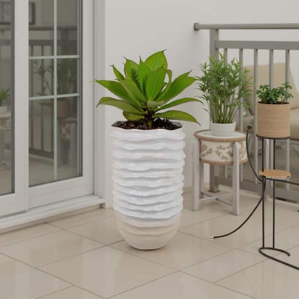 Floor Planter Tall Profile Horizontal Wave Texture White Ceramic