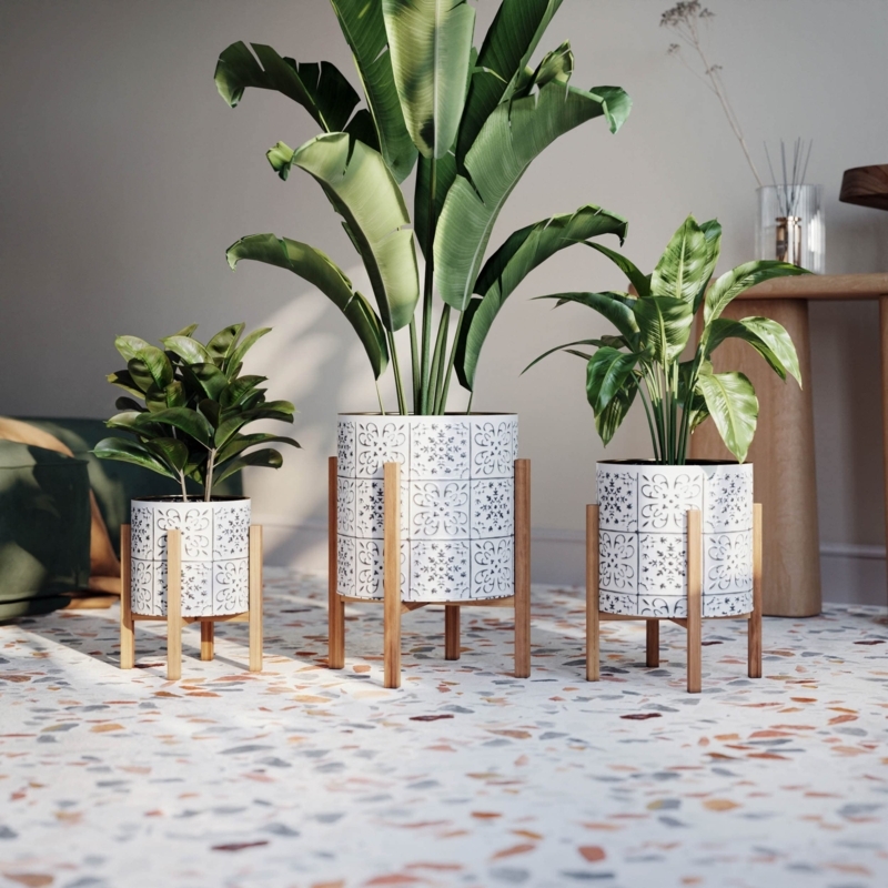 Floor Planter with U-Shaped Metal Stand in Monochrome Boho Pattern