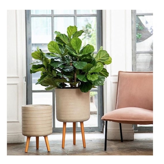 Floor Planter Woven Rattan Style Tripod Stand Cylindrical Boho